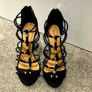 Bamboo Black Strap Heels. Size 9